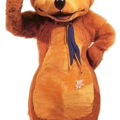 Costume de mascotte personnalisable d'ours marron avec un chapeau sur la tête.