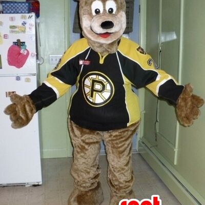 Costume de mascotte personnalisable d'ours marron en tenue de sport.