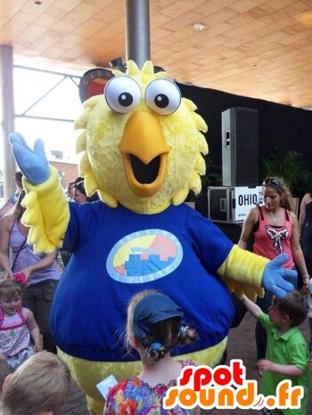 Costume de mascotte personnalisable d'oiseau, de poussin jaune, géant.