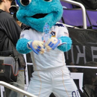 Costume de mascotte personnalisable de bonhomme bleu, avec de grands yeux.