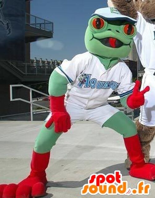 Costume de mascotte personnalisable de grenouille, verte et rouge.