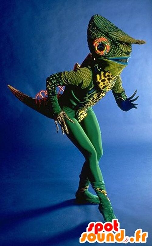 Costume de mascotte personnalisable de caméléon vert, très original.