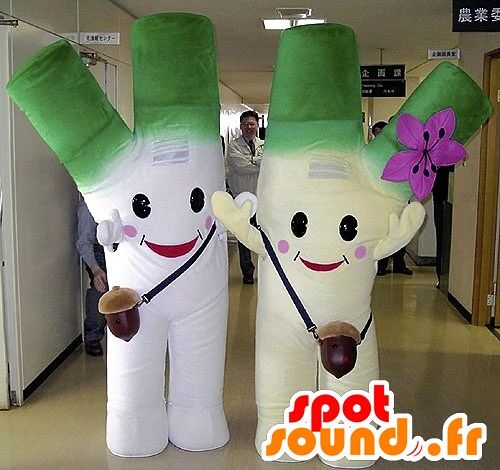 2 Costume de mascotte personnalisable s de poireaux géants, verts et blancs.