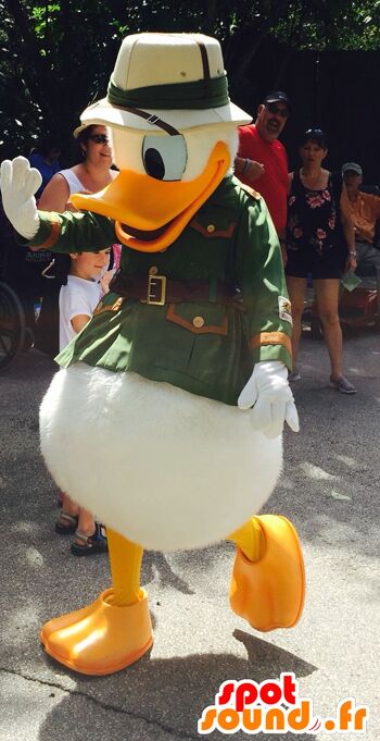 Costume de mascotte personnalisable de Donald Duck, habillé en explorateur.