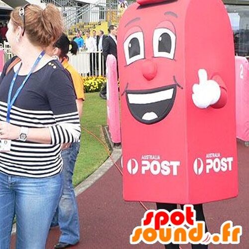 Costume de mascotte personnalisable de boîte aux lettres rouge, géante et souriante.