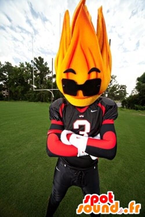 Costume de mascotte personnalisable de flamme avec des lunettes de soleil.