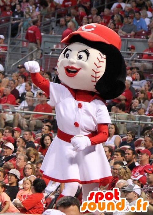 Costume de mascotte personnalisable de fille, avec une tête en forme de balle de baseball.