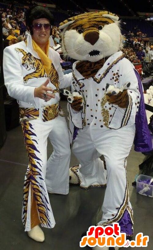 Costume de mascotte personnalisable de tigre habillé en Elvis.