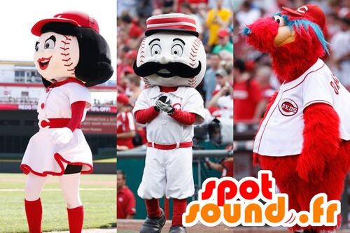 3 Costume de mascotte personnalisable s : 2 balles de baseball et un monstre rouge.