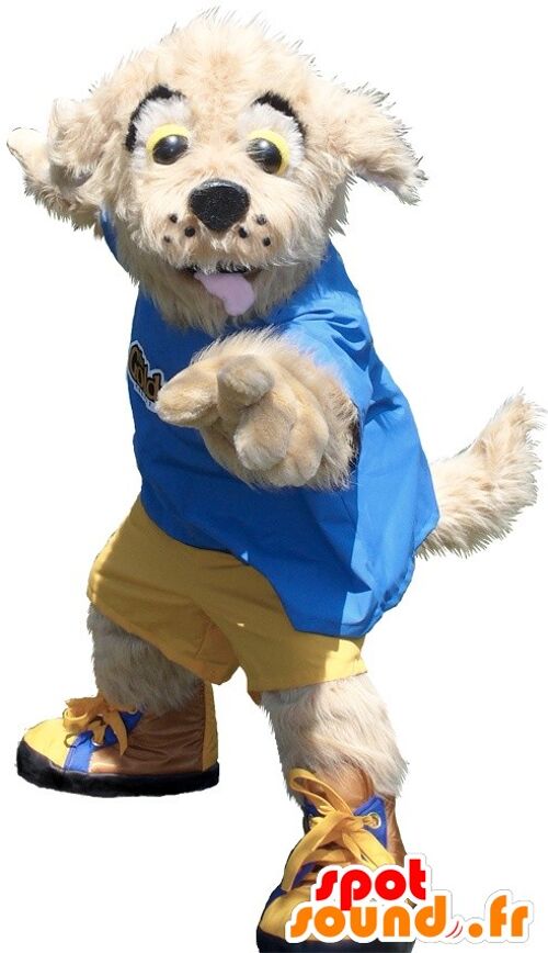 Costume de mascotte personnalisable de chien beige en tenue jaune et bleue.