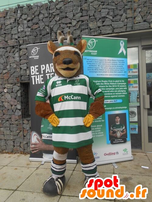 Costume de mascotte personnalisable d'élan, de renne, de rugbyman.