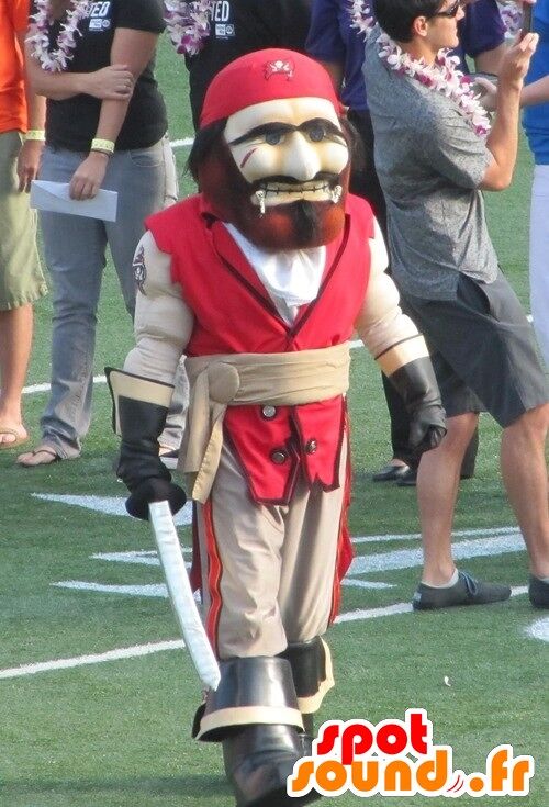 Costume de mascotte personnalisable de pirate, rouge et beige.