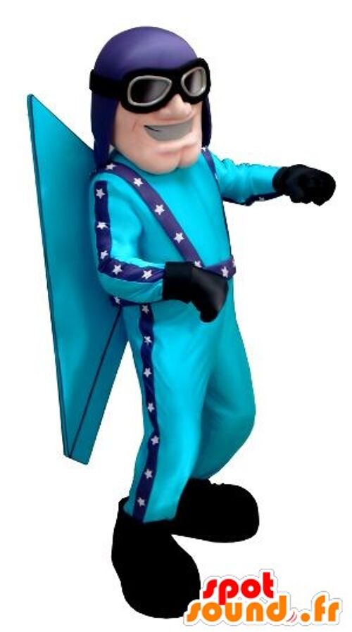 Costume de mascotte personnalisable d'aviateur bleu, avec un casque et des lunettes.
