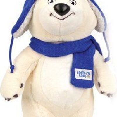 Costume de mascotte personnalisable d'ours blanc avec une écharpe et un bonnet.