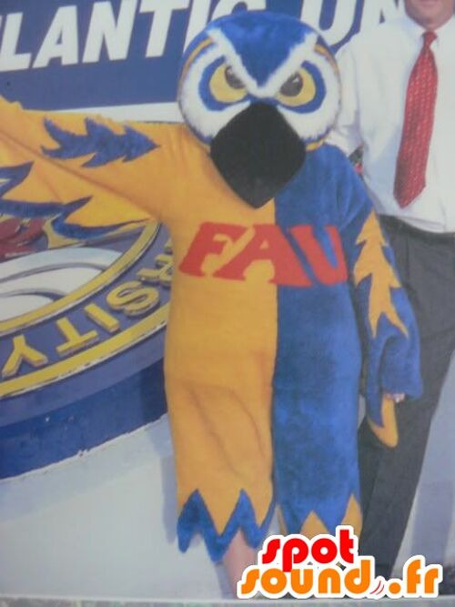 Costume de mascotte personnalisable de hibou, bleu, blanc et jaune.