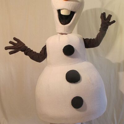 Costume de mascotte personnalisable de bonhomme de neige, tout blanc et noir.