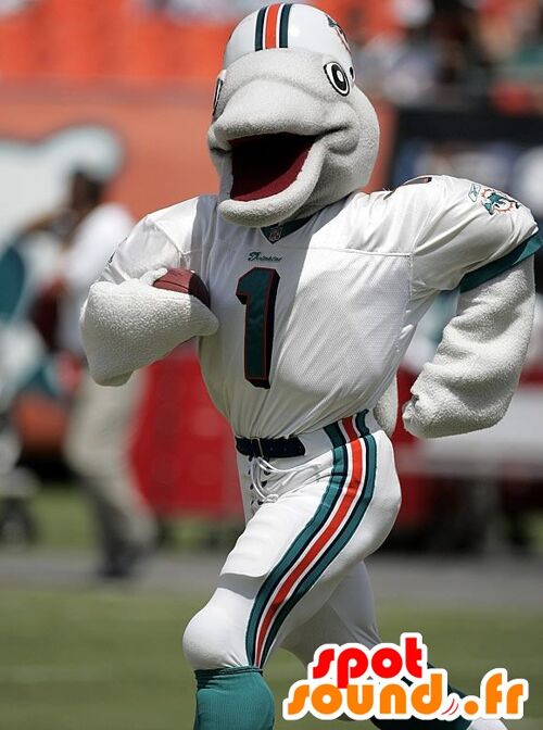 Costume de mascotte personnalisable de dauphin gris en tenue de sport.