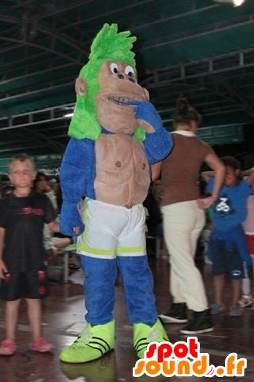 Costume de mascotte personnalisable de singe, de gorille marron, bleu et vert.