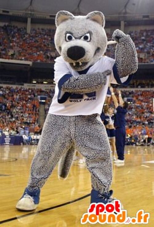 Costume de mascotte personnalisable d'ours gris, en tenue de sport.