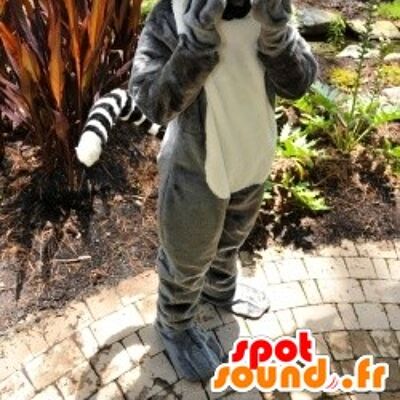 Costume de mascotte personnalisable de lémurien, de petit singe gris et blanc.