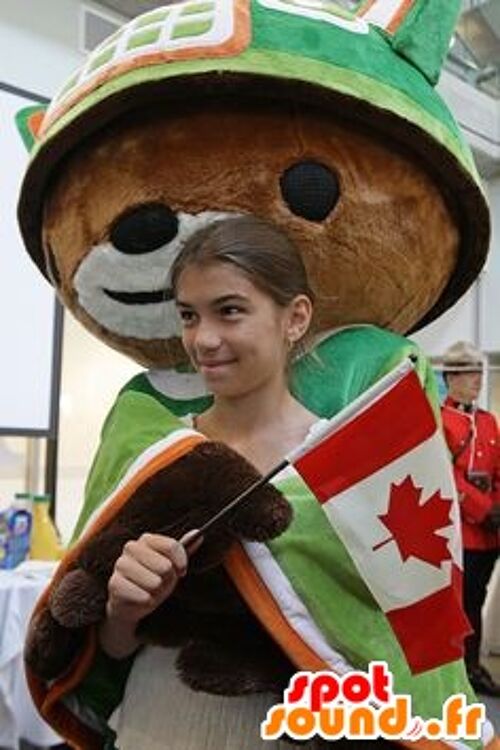 Costume de mascotte personnalisable d'ours marron avec une cape et un casque vert.