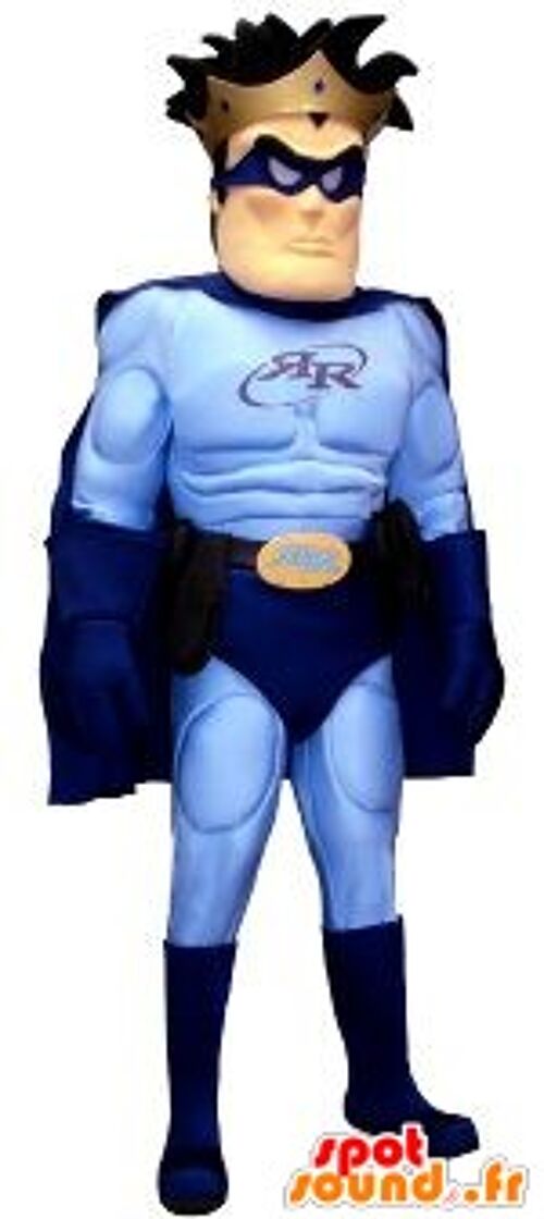 Costume de mascotte personnalisable de super-héros en tenue bleue.