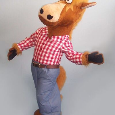 Costume de mascotte personnalisable de cheval marron avec une chemise à carreaux et un jean