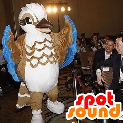 Costume de mascotte personnalisable d'oiseau marron, blanc et bleu.