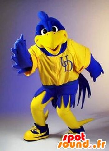 Costume de mascotte personnalisable d'oiseau jaune et bleu. 1