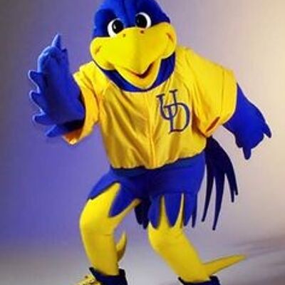 Costume de mascotte personnalisable d'oiseau jaune et bleu.