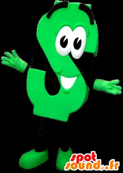 Costume de mascotte personnalisable de la lettre S, vert fluo et noir.