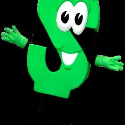Costume de mascotte personnalisable de la lettre S, vert fluo et noir.