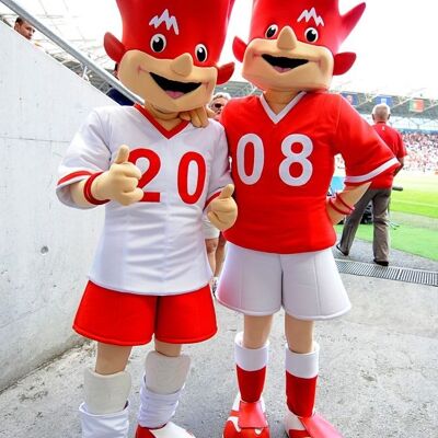 2 Costume de mascotte personnalisable s rouges et blanches de l'euro 2008 - Trix et Flix.