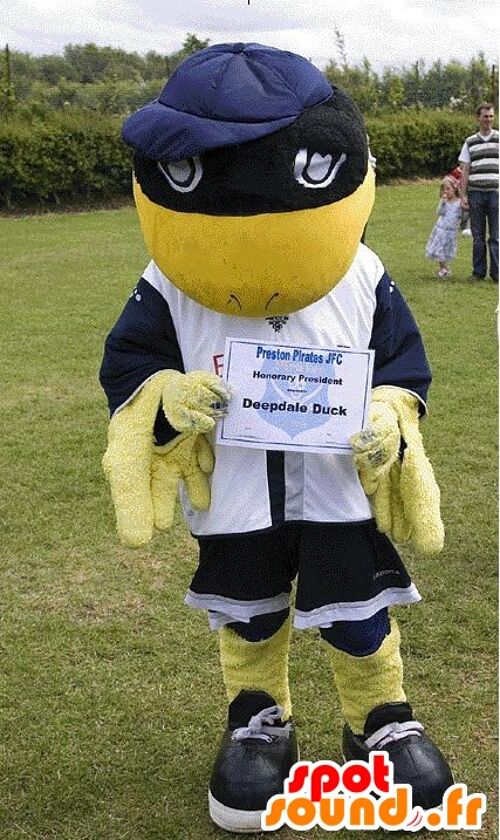 Costume de mascotte personnalisable d'oiseau jaune et noir, de Deepdale Duck.