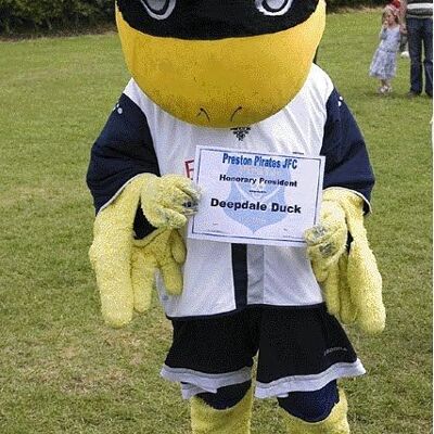 Costume de mascotte personnalisable d'oiseau jaune et noir, de Deepdale Duck.