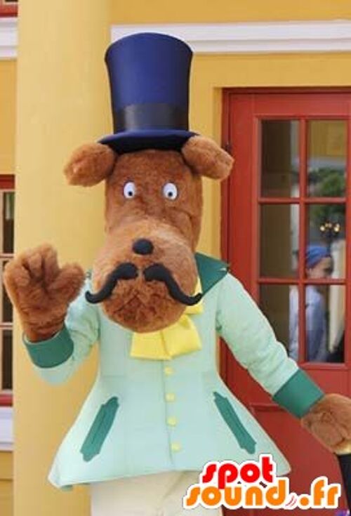 Costume de mascotte personnalisable de chien moustachu avec un chapeau haut de forme.