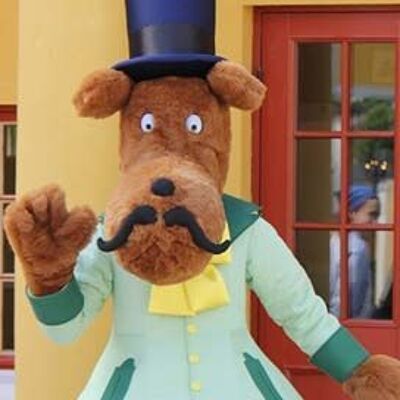 Costume de mascotte personnalisable de chien moustachu avec un chapeau haut de forme.