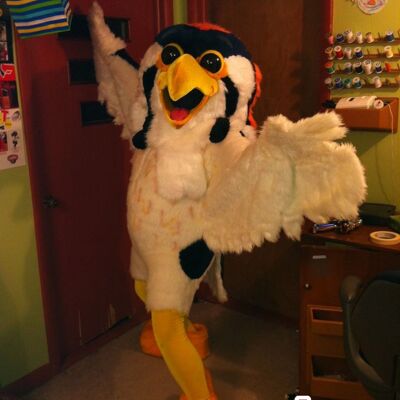 Costume de mascotte personnalisable de hiboux, d'oiseau blanc, jaune et orange.