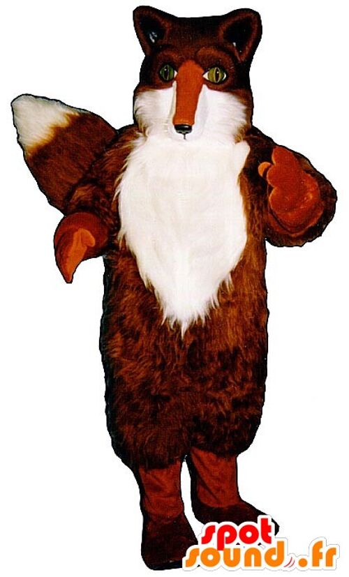 Costume de mascotte personnalisable de renard orange et blanc, aux yeux verts.