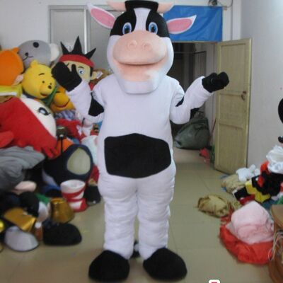 Costume de mascotte personnalisable de vache blanche et noire