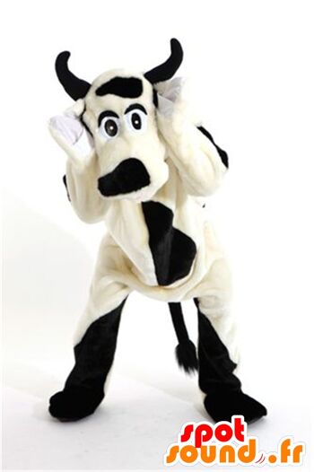 Costume de mascotte personnalisable de vache blanche et noire, de chien.