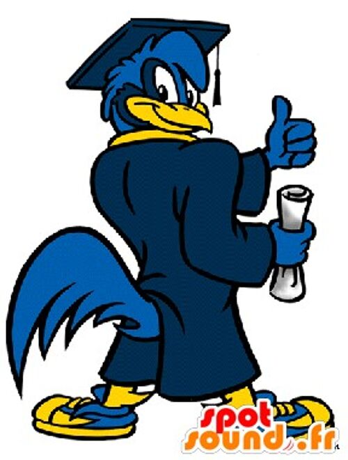 Costume de mascotte personnalisable d'oiseau bleu, de nouveau diplômé.