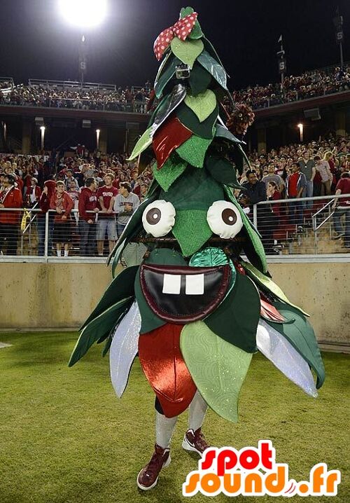 Costume de mascotte personnalisable de sapin de Noël, vert et rouge.
