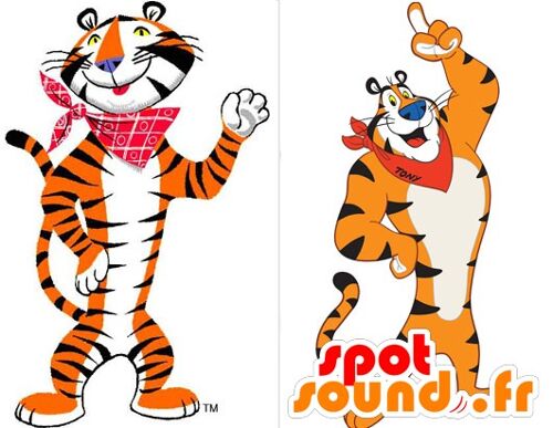 Costume de mascotte personnalisable du tigre Frosties, célèbre tigre orange, blanc et noir.