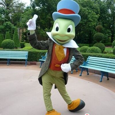 Costume de mascotte personnalisable de Jiminy Cricket, célèbre insecte dans Pinocchio.