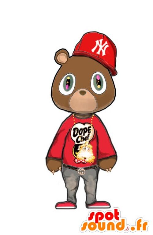 Costume de mascotte personnalisable d'ours marron en tenue rouge de hip-hop.