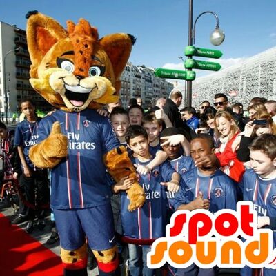 Costume de mascotte personnalisable de lynx orange, avec des yeux bleus.