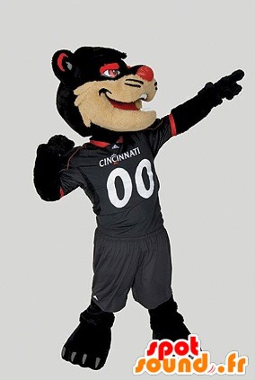 Costume de mascotte personnalisable de chat noir, beige et rouge.