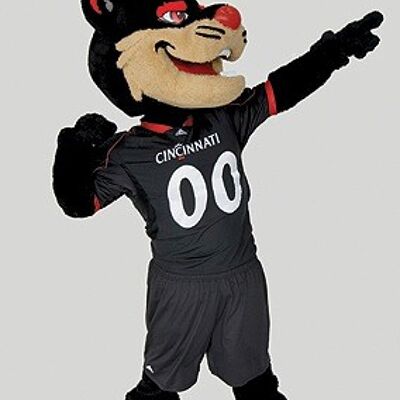 Costume de mascotte personnalisable de chat noir, beige et rouge.