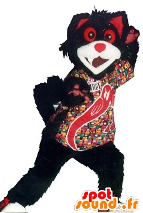 Costume de mascotte personnalisable de chat noir, blanc et rouge.